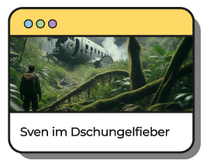 Ein Mann steht im Dschungel vor einem Flugzeugwrack. 