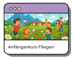 Fünf Kinder spielen mit einem Erwachsen vor einer Bergkulisse mit Dorf mit Papierfliegern und Drachen. 