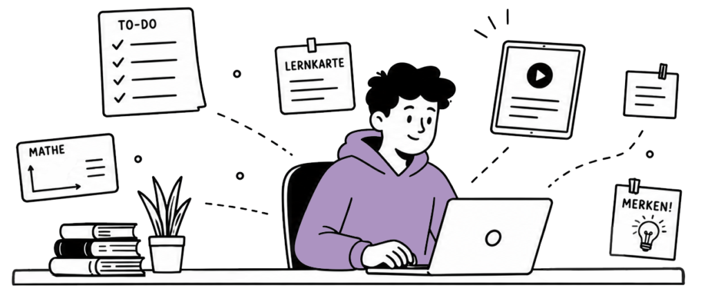 Illustration einer lernenden Person am Laptop, umgeben von digitalen Lernmaterialien wie To-do-Liste, Lernkarten, Videos und Notizen.