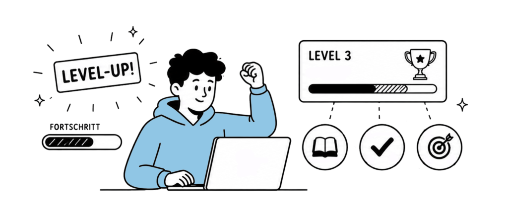 Illustration einer lernenden Person am Laptop, die einen erreichten Fortschritt und den Aufstieg in ein neues Lernlevel feiert.