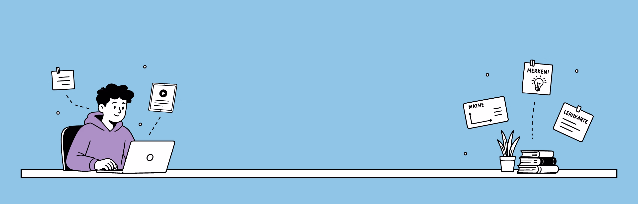 Illustration einer lernenden Person am Laptop, umgeben von Lernmaterialien wie Bücher. 