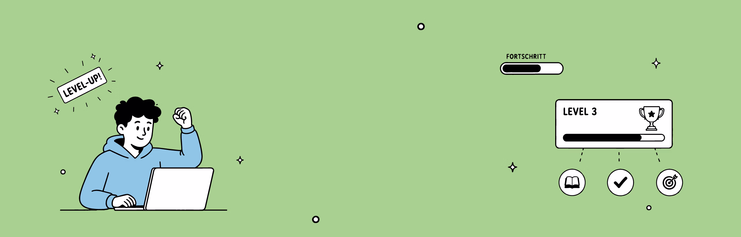 Illustration einer lernenden Person am Laptop, die einen erreichten Fortschritt und den Aufstieg in ein neues Lernlevel feiert.