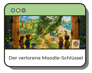 Vier Kinder stehen vor einem großen Holztor, das zu einer Welt führt. 