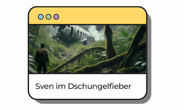 Ein Bildschirmfoto aus der Quest "Sven im Dschungelfieber". Die Quest befindet sich als fächerübergreifendes Lernangebot in "Eure Lernwelt". Eine naturalistische Computergrafik zeigt ein abgestürztes Flugzeug im dichten, grünen Dschungel und einen Mann im Vordergrund, der darauf schaut.