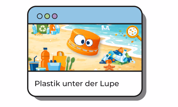 Ein Bildschirmfoto aus der Quest "Plastik unter der Lupe". Die Quest befindet sich als fächerübergreifendes Lernangebot in "Eure Lernwelt". Im Stil eines Comics liegt viel Plastik an einem Strand.